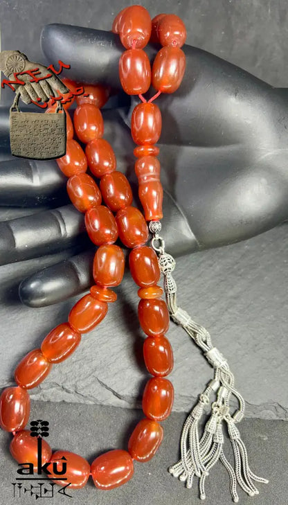 Riesige Akik Tasbih mit 33 ovalen roten Achat-Perlen (12×16mm) und 925 Sterling Silber Quaste, islamische Gebetskette für Herren und Damen