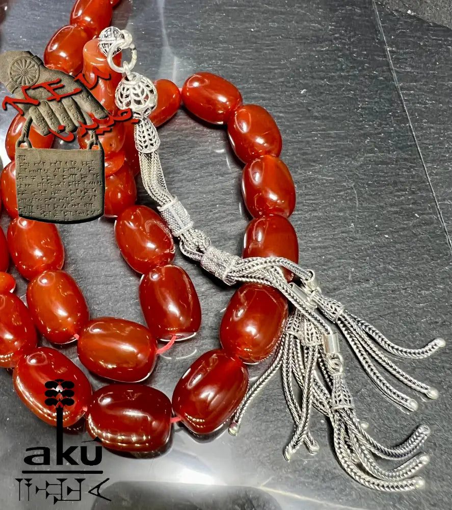 Riesige Akik Tasbih mit 33 ovalen roten Achat-Perlen (12×16mm) und 925 Sterling Silber Quaste, islamische Gebetskette für Herren und Damen