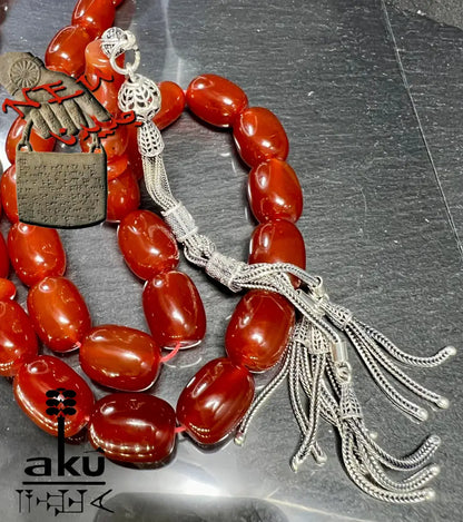 Riesige Akik Tasbih mit 33 ovalen roten Achat-Perlen (12×16mm) und 925 Sterling Silber Quaste, islamische Gebetskette für Herren und Damen