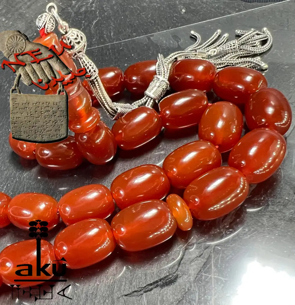 Riesige Akik Tasbih mit 33 ovalen roten Achat-Perlen (12×16mm) und 925 Sterling Silber Quaste, islamische Gebetskette für Herren und Damen
