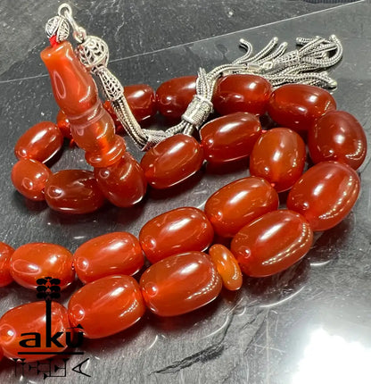 Riesige Akik Tasbih mit 33 ovalen roten Achat-Perlen (12×16mm) und 925 Sterling Silber Quaste, islamische Gebetskette für Herren und Damen