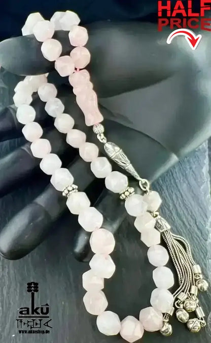 Rosé Quarz Tesbih 45, 10mm, natürlicher Edelstein, Herzchakra,islamische Misbaha, 925 Sterling Silber Quaste - AkueShop