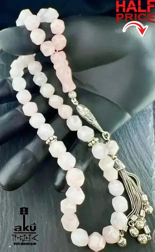 Rosé Quarz Tesbih 45, 10mm, natürlicher Edelstein, Herzchakra,islamische Misbaha, 925 Sterling Silber Quaste - AkueShop