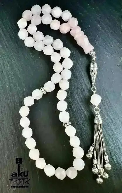 Rosé Quarz Tesbih 45, 10mm, natürlicher Edelstein, Herzchakra,islamische Misbaha, 925 Sterling Silber Quaste - AkueShop