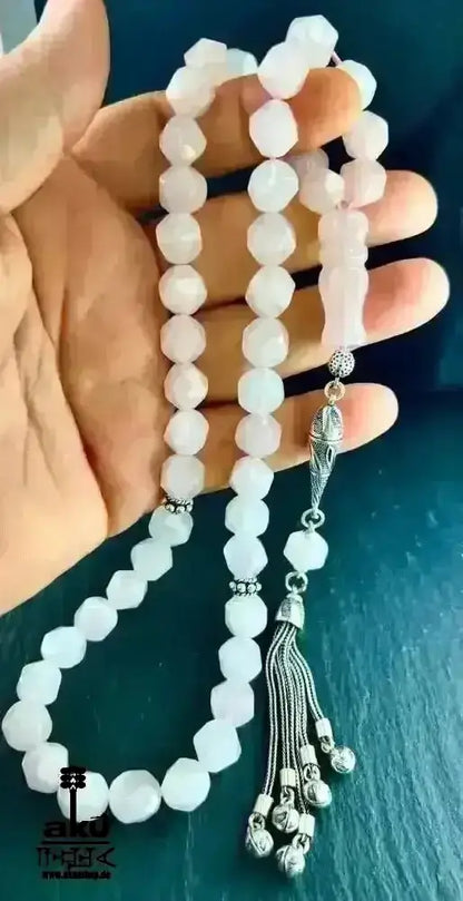 Rosé Quarz Tesbih 45, 10mm, natürlicher Edelstein, Herzchakra,islamische Misbaha, 925 Sterling Silber Quaste - AkueShop