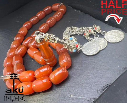 Roter Achat Akik Tasbih, natürliche riesige Achat-Perlen Gebetskette, Islamische Misbaha, AkueShop, 925er silbere Quaste
