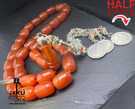 Roter Achat Akik Tasbih, natürliche riesige Achat-Perlen Gebetskette, Islamische Misbaha, AkueShop, 925er silbere Quaste