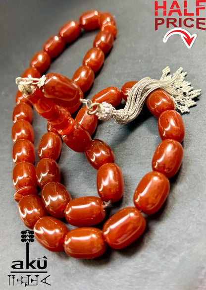 Roter Achat Akik Tasbih, Riesige natuerliche Achat-Perlen Gebetskette, Islamische Misbaha