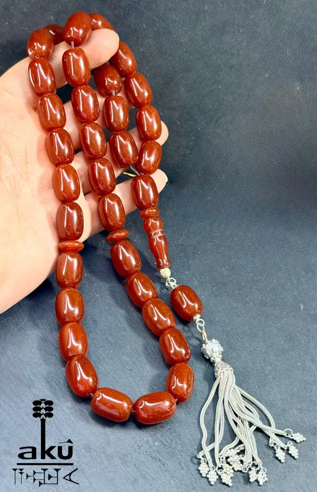 Roter Achat Akik Tasbih, Riesige natuerliche Achat-Perlen Gebetskette, Islamische Misbaha