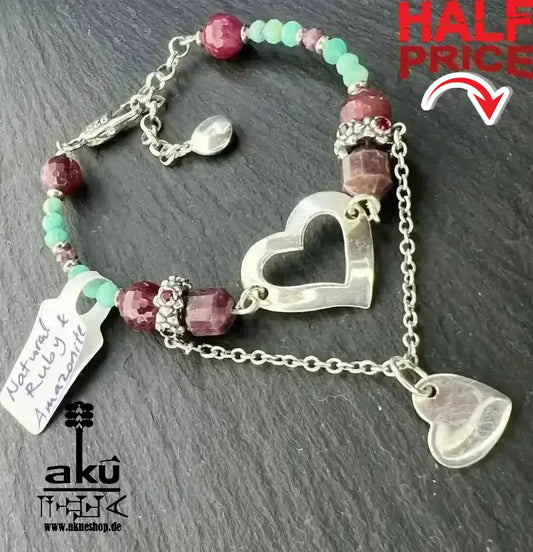 Rotes Ruben Stein und Amazonit Armband, 925er Silber, Handgefertigt, Wurzel & Hals chakras reiki Heilung - AkueShop