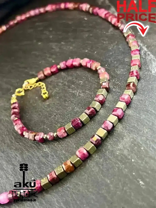 Rubin Halskette und Armband, natürliches Edelstein Schmuckset 925er Silber vergoldet, Herzchakra Meditationsenergie - AkueShop