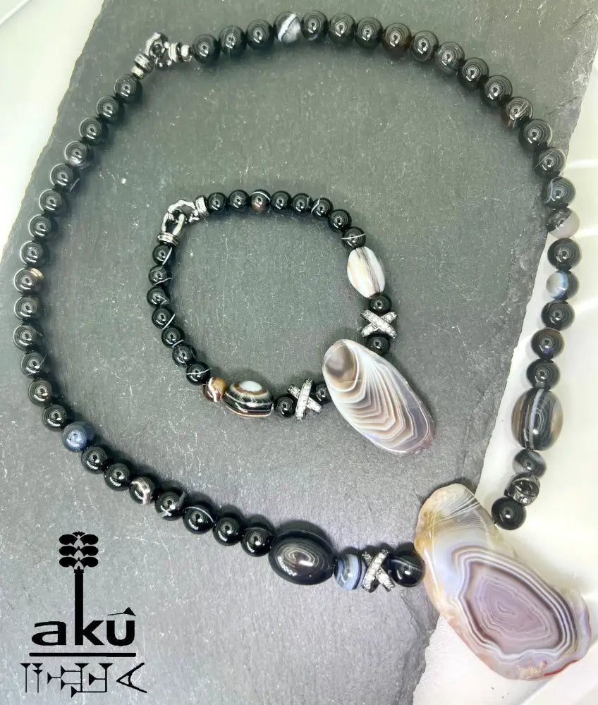 Schmuckset Sulemani Achat – Halskette und Armband mit natürlichen Rohstein-Anhängern