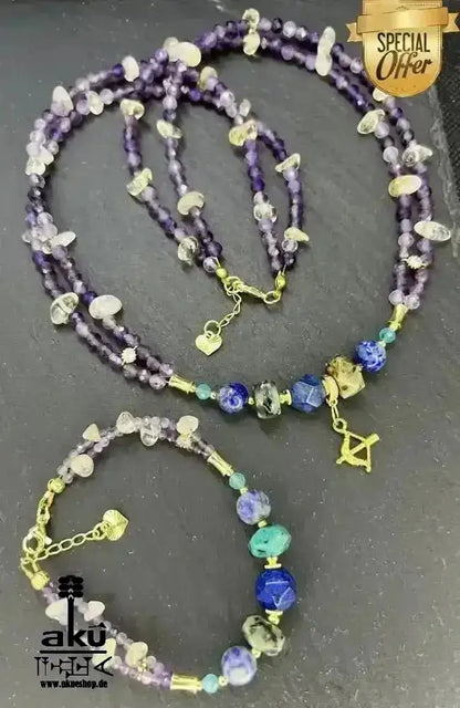 Schütze Sternzeichen Glückskristall Set natürlich - Edelstein Dritteaugechakra, Halschakra, vergoldet - AkueShop