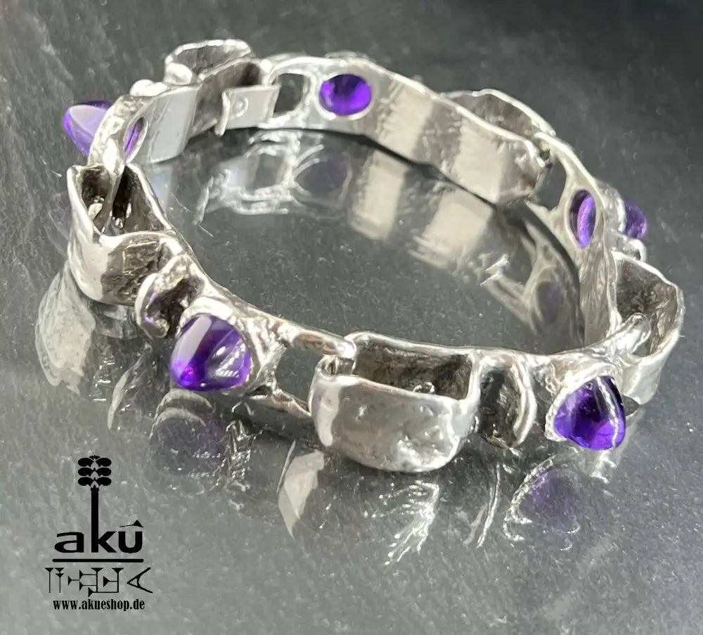 Schweres Vintage-Armband aus 835er Silber, massiv mit natürlichen Amethyst-Edelsteinen, Heilenergie des Dritten Auge-Chakras.