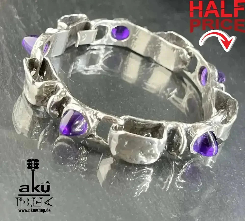 Schweres Vintage - Armband aus 835er Silber, massiv mit natürlichen Amethyst - Edelsteinen - AkueShop