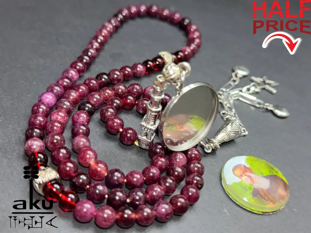 Tasbih aus natürlichem Granat, 99 Perlen, personalisierbares Medaillon, Gebetskette für Dhikr, Gebetskette