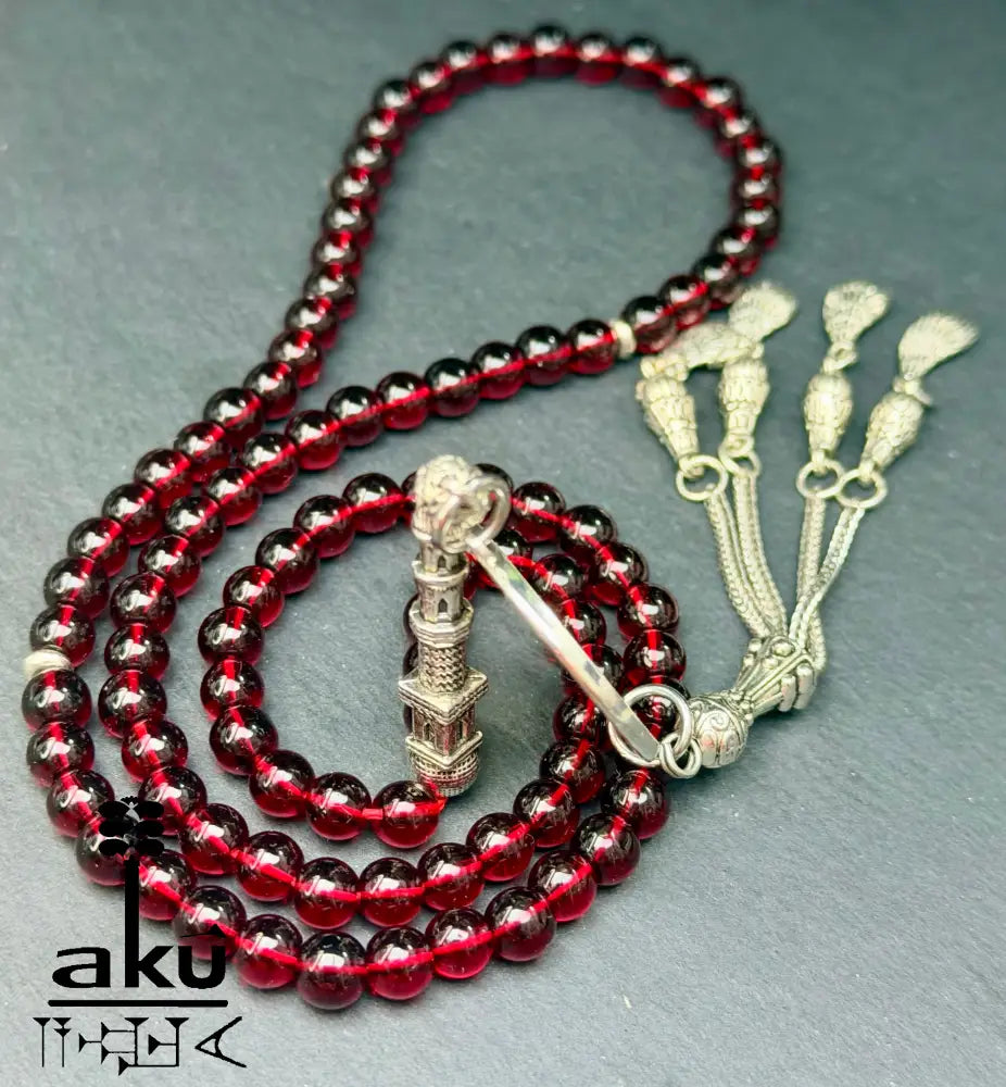 Tasbih aus natürlichem Granat, 99 Perlen, personalisierbares Medaillon, Gebetskette für Dhikr, Gebetskette