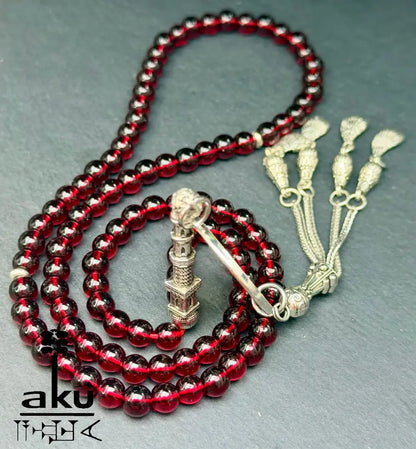 Tasbih aus natürlichem Granat, 99 Perlen, personalisierbares Medaillon, Gebetskette für Dhikr, Gebetskette