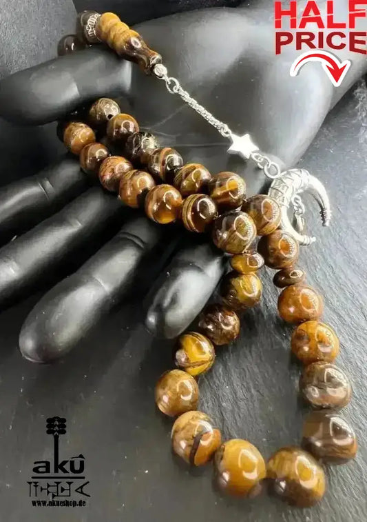Tiger Auge Tesbih 33, Großer natürlicher Stein 12mm, islamisches Misbaha, Wurzelchakra Heilungensergie, schöne 925er Silbere Quaste - AkueShop