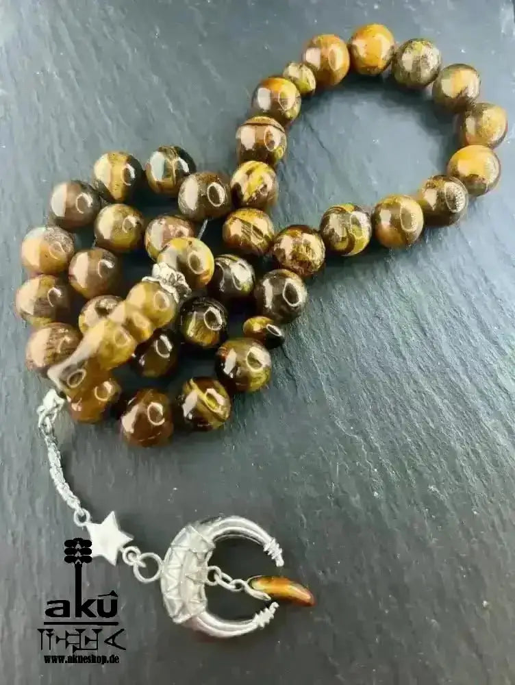 Tiger Auge Tesbih 33, Großer natürlicher Stein 12mm, islamisches Misbaha, Wurzelchakra Heilungensergie, schöne 925er Silbere Quaste - AkueShop