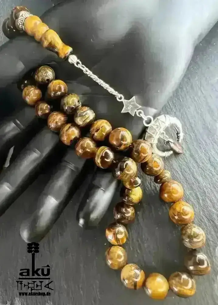 Tiger Auge Tesbih 33, Großer natürlicher Stein 12mm, islamisches Misbaha, Wurzelchakra Heilungensergie, schöne 925er Silbere Quaste - AkueShop