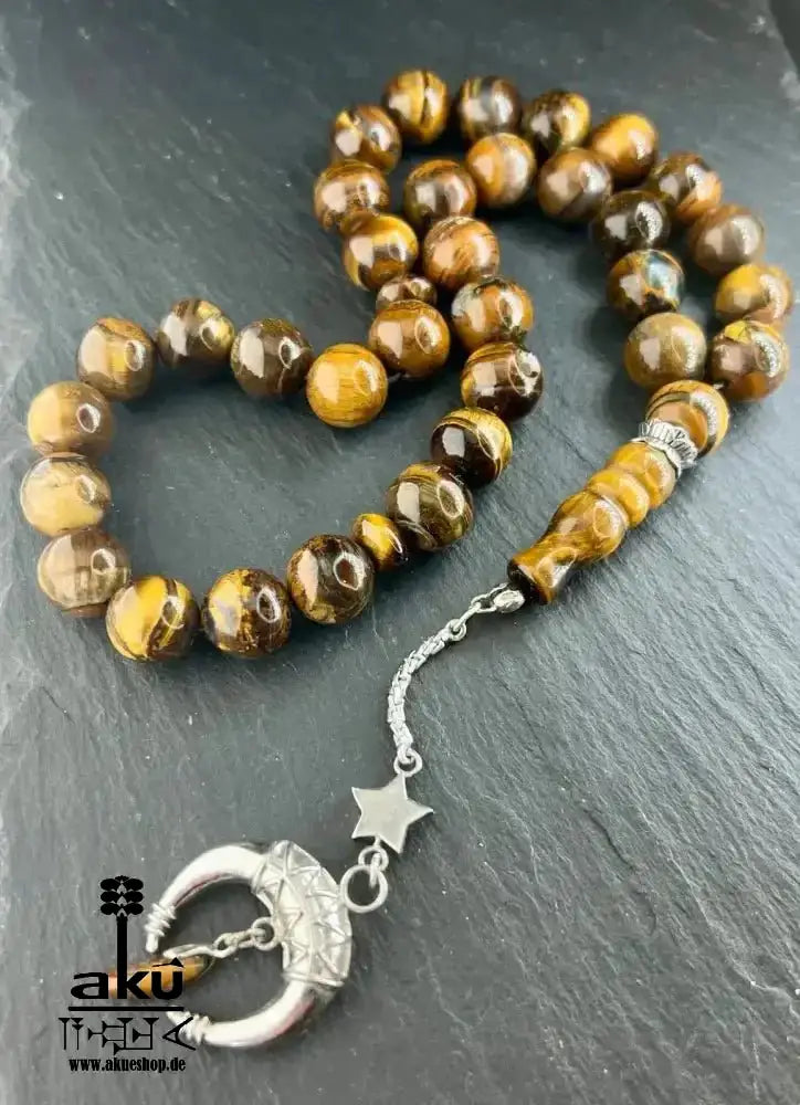 Tiger Auge Tesbih 33, Großer natürlicher Stein 12mm, islamisches Misbaha, Wurzelchakra Heilungensergie, schöne 925er Silbere Quaste - AkueShop