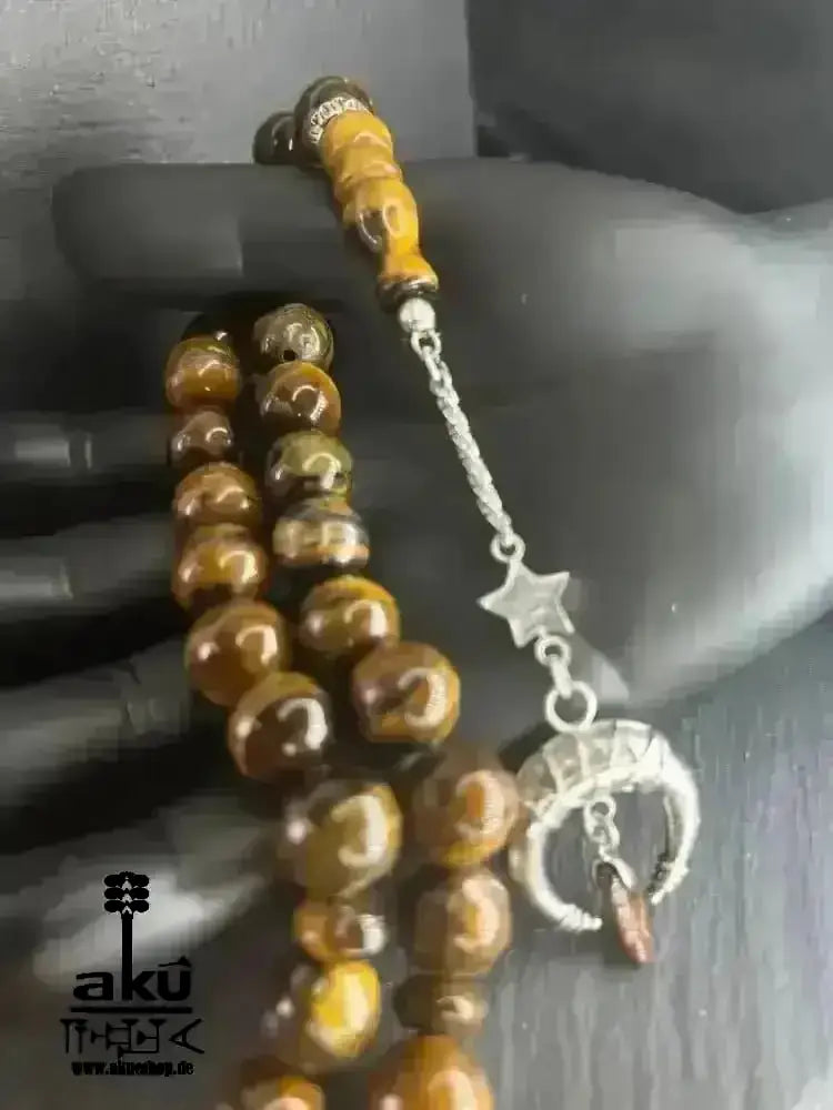 Tiger Auge Tesbih 33, Großer natürlicher Stein 12mm, islamisches Misbaha, Wurzelchakra Heilungensergie, schöne 925er Silbere Quaste - AkueShop