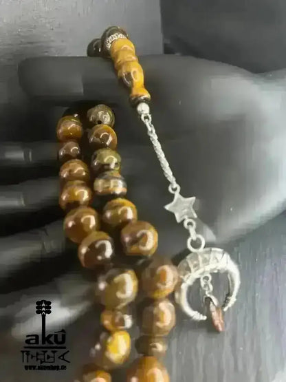 Tiger Auge Tesbih 33, Großer natürlicher Stein 12mm, islamisches Misbaha, Wurzelchakra Heilungensergie, schöne 925er Silbere Quaste - AkueShop