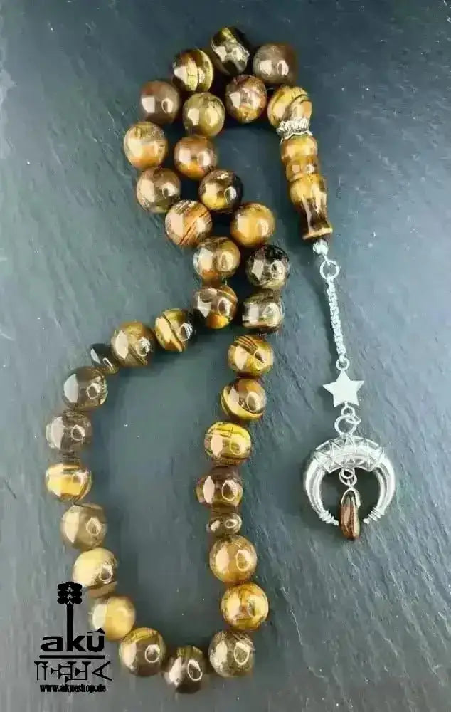Tiger Auge Tesbih 33, Großer natürlicher Stein 12mm, islamisches Misbaha, Wurzelchakra Heilungensergie, schöne 925er Silbere Quaste - AkueShop