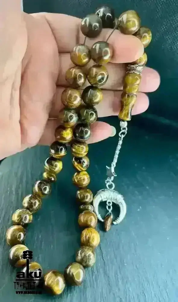 Tiger Auge Tesbih 33, Großer natürlicher Stein 12mm, islamisches Misbaha, Wurzelchakra Heilungensergie, schöne 925er Silbere Quaste - AkueShop