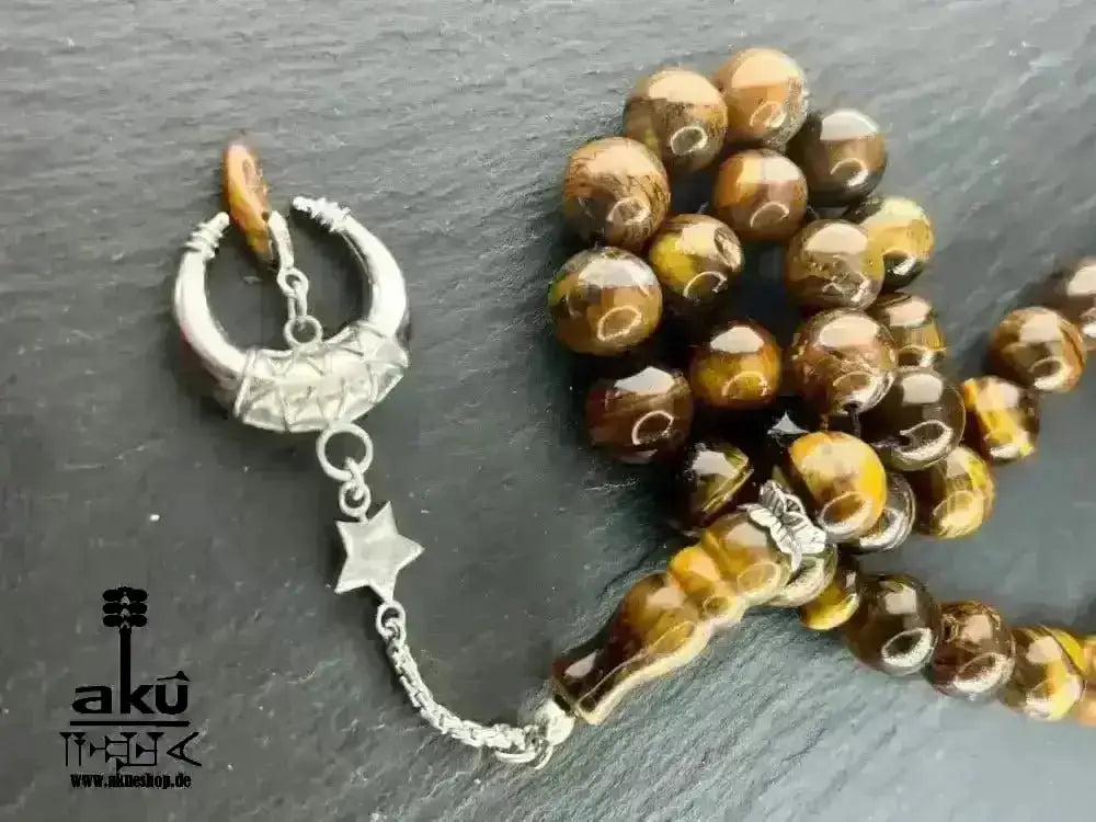 Tiger Auge Tesbih 33, Großer natürlicher Stein 12mm, islamisches Misbaha, Wurzelchakra Heilungensergie, schöne 925er Silbere Quaste - AkueShop