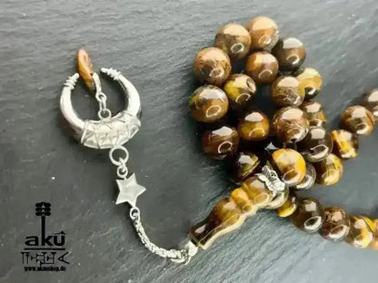 Tiger Auge Tesbih 33, Großer natürlicher Stein 12mm, islamisches Misbaha, Wurzelchakra Heilungensergie, schöne 925er Silbere Quaste - AkueShop