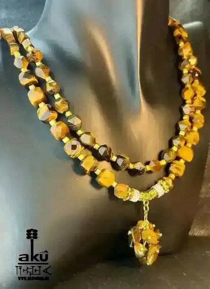 Tigerauge Festoon Halskette, Golden - Feuer Edelstein Schmuck, doppelsträngiges Solarchakra - AkueShop