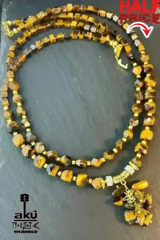 Tigerauge Festoon Halskette, Golden - Feuer Edelstein Schmuck, doppelsträngiges Solarchakra - AkueShop