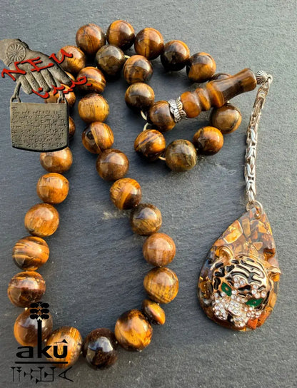Tigerauge Gebetskette Tesbih mit Tigerkopf Anhänger 925 Silbere Quaste islamische Geschenke - Tasbih