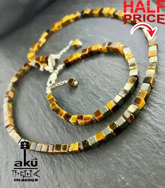 Tigerauge Halskette & Armband, natürliches Edelstein Schmuckset 925er Silber, chakren energie - AkueShop