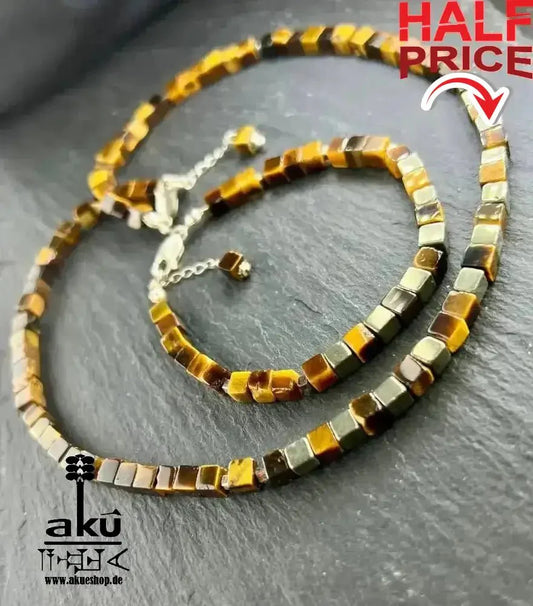 Tigerauge Halskette & Armband, natürliches Edelstein Schmuckset 925er Silber, chakren energie - AkueShop