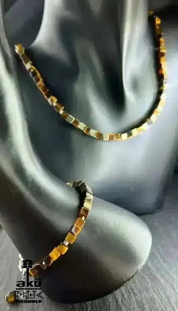 Tigerauge Halskette & Armband, natürliches Edelstein Schmuckset 925er Silber, chakren energie - AkueShop
