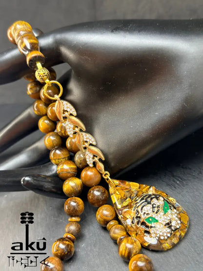 Tigerauge Tasbih mit vergoldeter Tigerquaste und modernem ausdrucksstarkem Design Tasbih