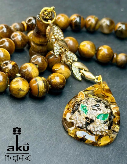 Tigerauge Tasbih mit vergoldeter Tigerquaste und modernem ausdrucksstarkem Design Tasbih