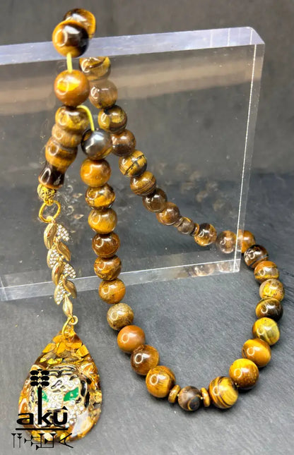 Tigerauge Tasbih mit vergoldeter Tigerquaste und modernem ausdrucksstarkem Design Tasbih