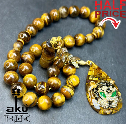 Tigerauge Tasbih mit vergoldeter Tigerquaste und modernem ausdrucksstarkem Design Tasbih