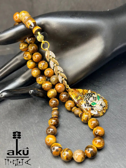 Tigerauge Tasbih mit vergoldeter Tigerquaste und modernem ausdrucksstarkem Design Tasbih