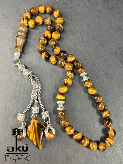 Tigerauge Tasbih, natürliches Stein, islamisches Misbaha 45, Adlerkrallen Quaste