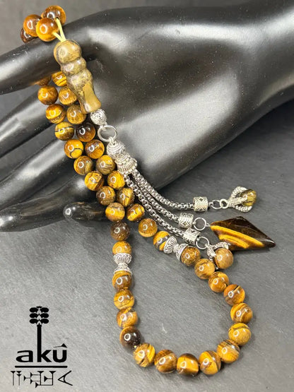 Tigerauge Tasbih, natürliches Stein, islamisches Misbaha 45, Adlerkrallen Quaste