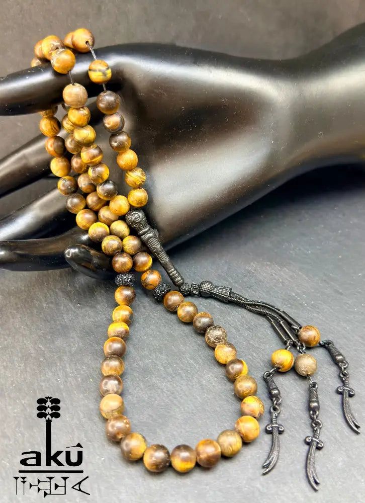 Tiger Auge Tasbih, natürliches Stein, islamisches Misbaha 66, schwarze Imam Ali Schwerte Quaste