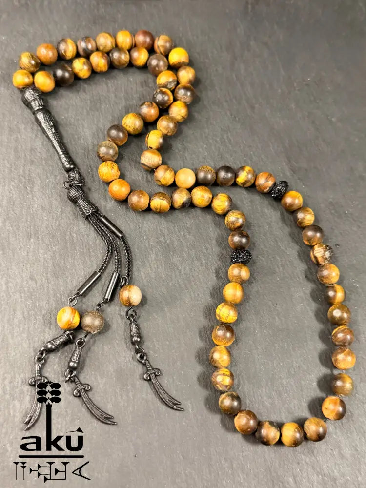 Tiger Auge Tasbih, natürliches Stein, islamisches Misbaha 66, schwarze Imam Ali Schwerte Quaste