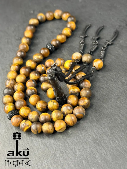 Tiger Auge Tasbih, natürliches Stein, islamisches Misbaha 66, schwarze Imam Ali Schwerte Quaste