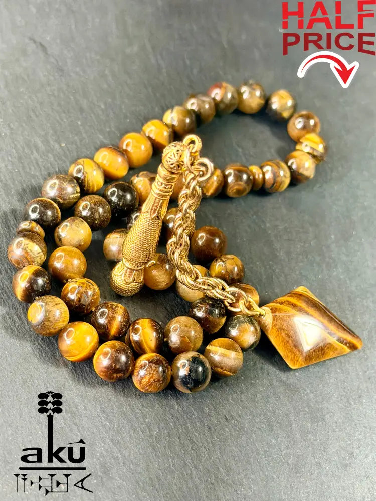 Tigerauge Tasbih, natuerliches Stein, islamisches Misbaha, goldene Quaste