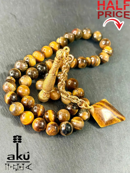 Tigerauge Tasbih, natuerliches Stein, islamisches Misbaha, goldene Quaste